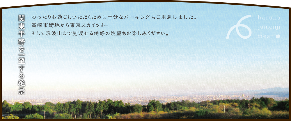 関東平野を一望する絶景 ゆったりお過ごしいただくために十分なパーキングもご用意しました。高崎市街地から東京スカイツリー…そして筑波山まで見渡せる絶好の眺望もお楽しみください。